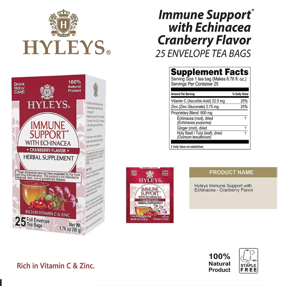 HYLEYS Immunität Tee mit Echinacea Cranberry Flavor - 25 Teebeutel (1 Packung) - Unterstützt Ihr Immunsystem