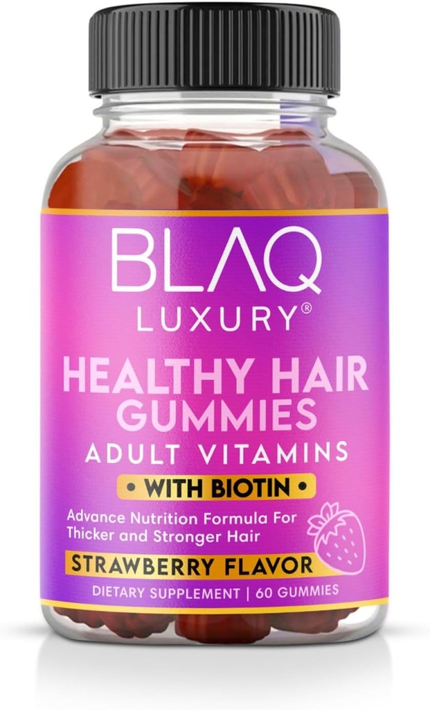 Blaq Luxus Biotin Gummis - Haarwachstum Vitamine mit 5000mcg Biotin pro Servieren | Vitamine B12, B6, Folsäure, Jod, Zink | Haarergänzungsmittel für Haarwachstum | für Frauen und Männer | 1 Monat Versorgung