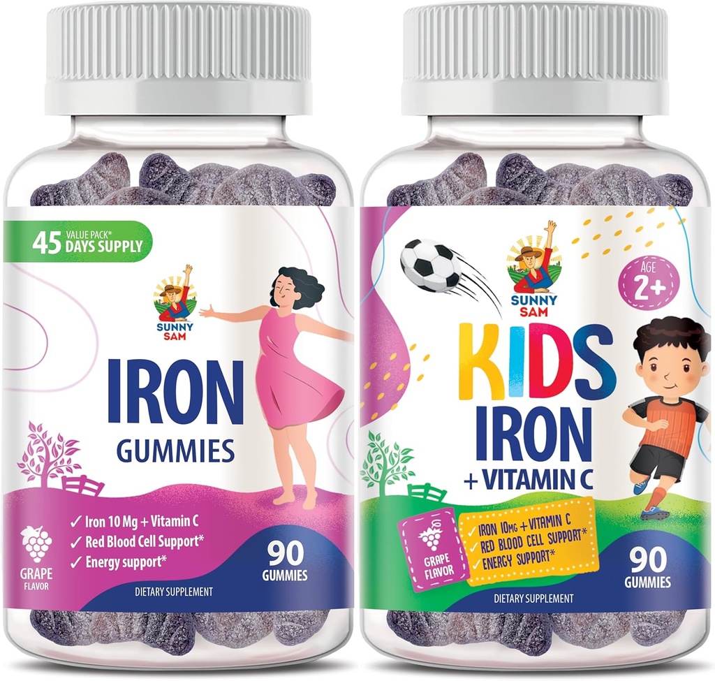 SUNNY SAM Eisengummis für Kinder & Erwachsene - Eisen Vitamine mit Vitamin C, 10mg pro Portion - Eisengebäck Fruchtgummi für Immununterstützung Rote Blutzelle Produktion
