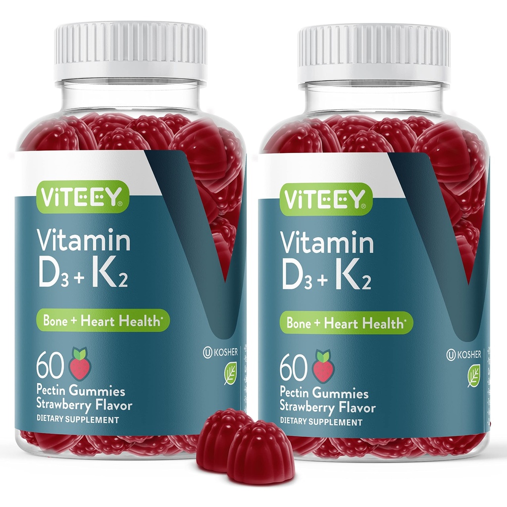 VITEEY Vitamin D3 K2 Gummie - 1000 IU Vitamin D3 und K2 100mcg - Knochen & Herz Gesundheit für Erwachsene und Jugendliche - Vegetarisch, Gelatin frei, GMO kostenlos - Tasty Chewable D3K2 Vitamine Erdbeeren Flavored Gummy