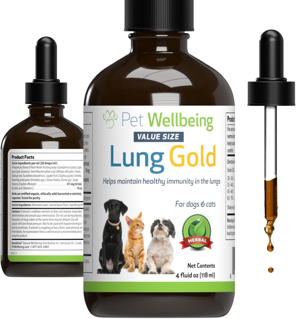 Pet Wellbeing Lung Gold für Hunde & Katzen - Vet-Formuliert - Lung & Respiratory Immununterstützung, Open Airways, Easy Breathing - Natürliche Kräuterergänzung 4 oz (18 ml)