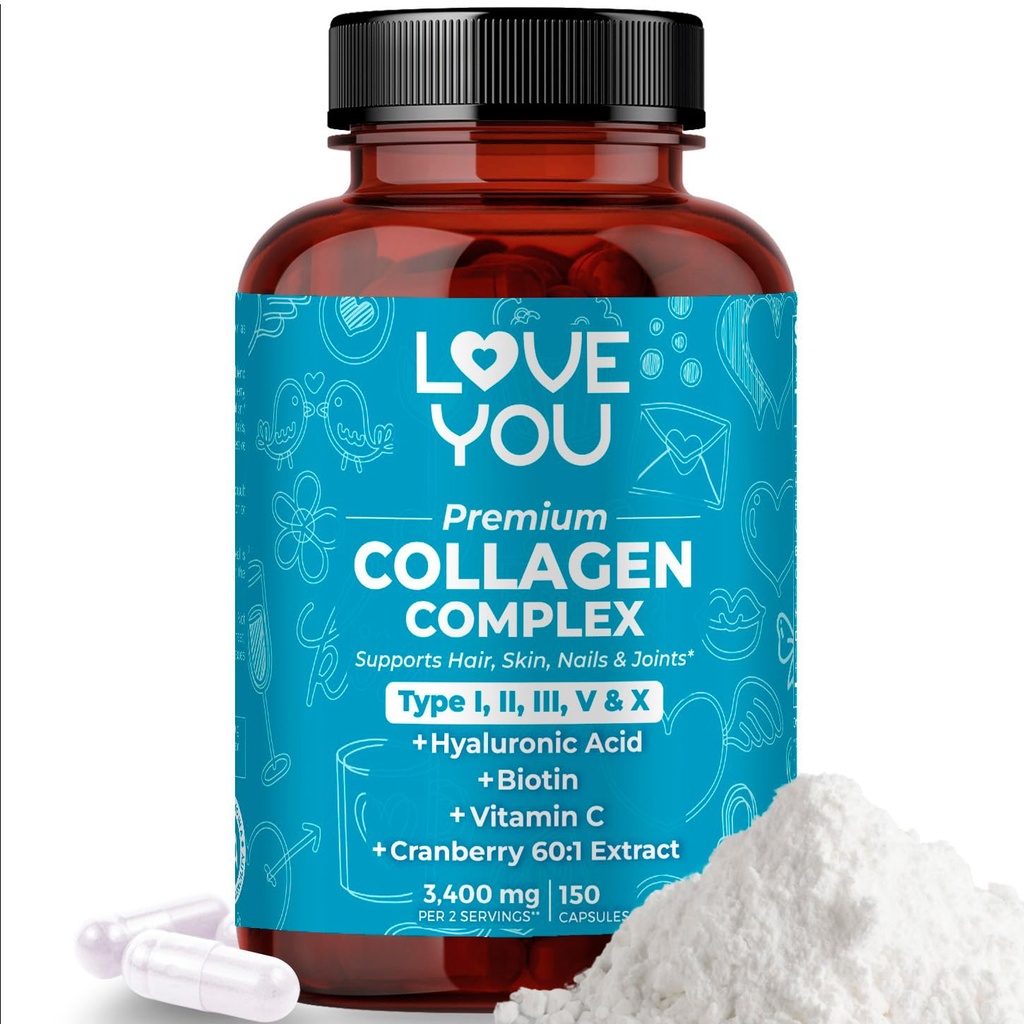 Love You Collagen Complex – Types I, II, III, V & X – Hair, Skin, Nails, Joints & Gut Support – Hydrolyzed Bovine Collagen Peptides – Grass-Fed, Non-GMO, 120 Capsules, USA Made
