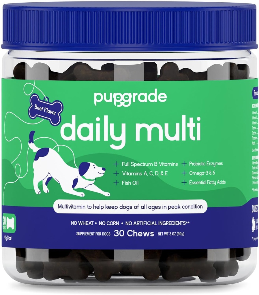 PupGrade Daily Multivitamin für Hunde - All-in-One-Ergänzung für Verdauungs-, Immun-, Haut- und Fleischgesundheit - 32 gesunde Nährstoffe, Probiotische Enzyme, Omega Fish Oil, Vitamine A, C, D & E - 30 Weichkäse