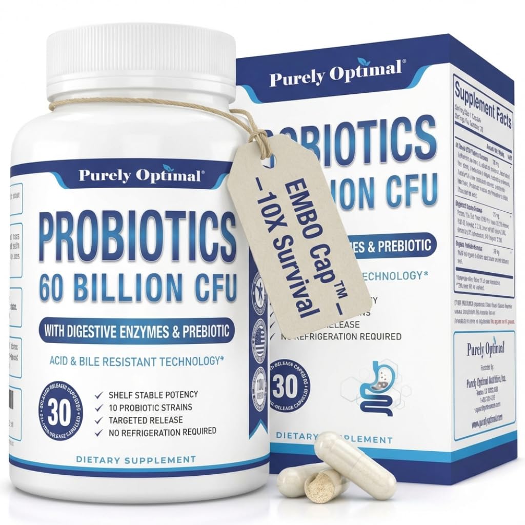 Pure Optimale Premium Probiotics 60 Billion CFU w/Organic Prebiotics & Digestive Enzyme