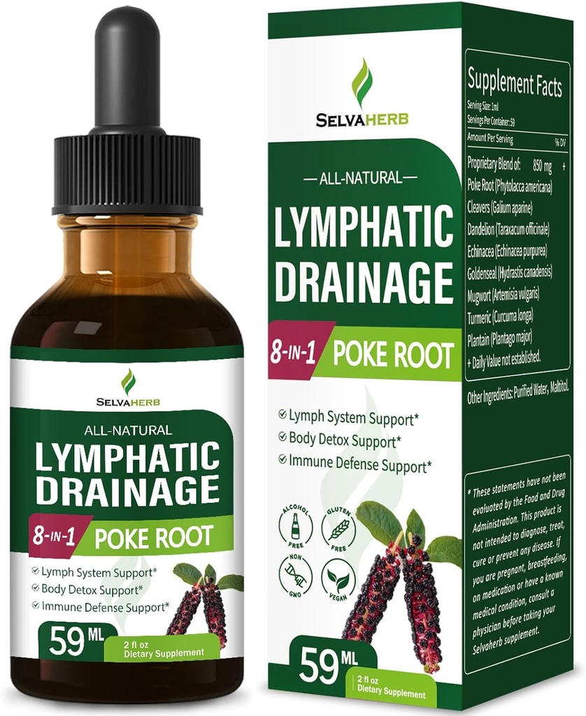Lymphatic Drainage Tropfen für Lymphsystem Unterstützung, Body Detox & Immune Defense Unterstützung Kräuter Ergänzungen mit Poke Root (Phytolacca Americana) Cleavers Dandelion Echinacea Extract. 2oz