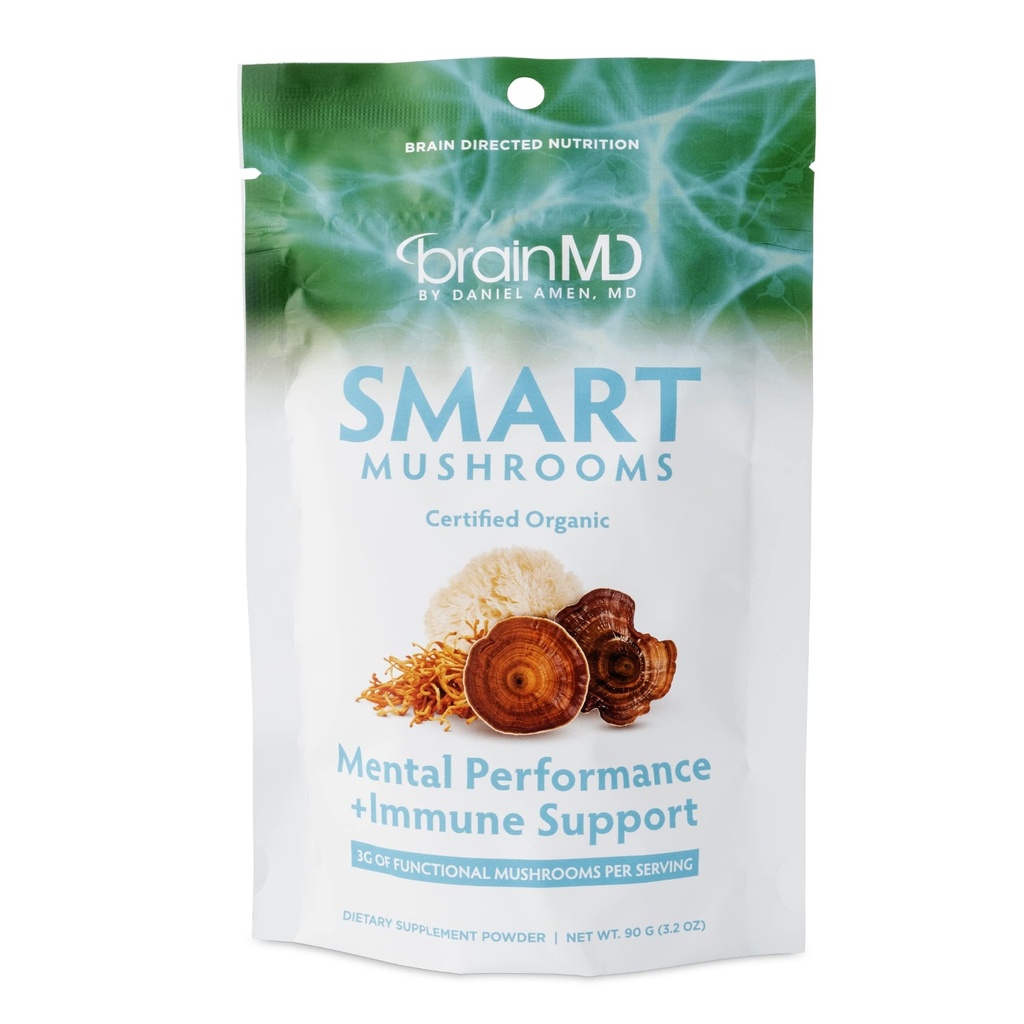 BRAINMD Dr Amen Smart Mushrooms - 3.2 oz - Mental Performance + Immununterstützung - Vegan, GMO Free, Glutenfrei - 30 Portionen