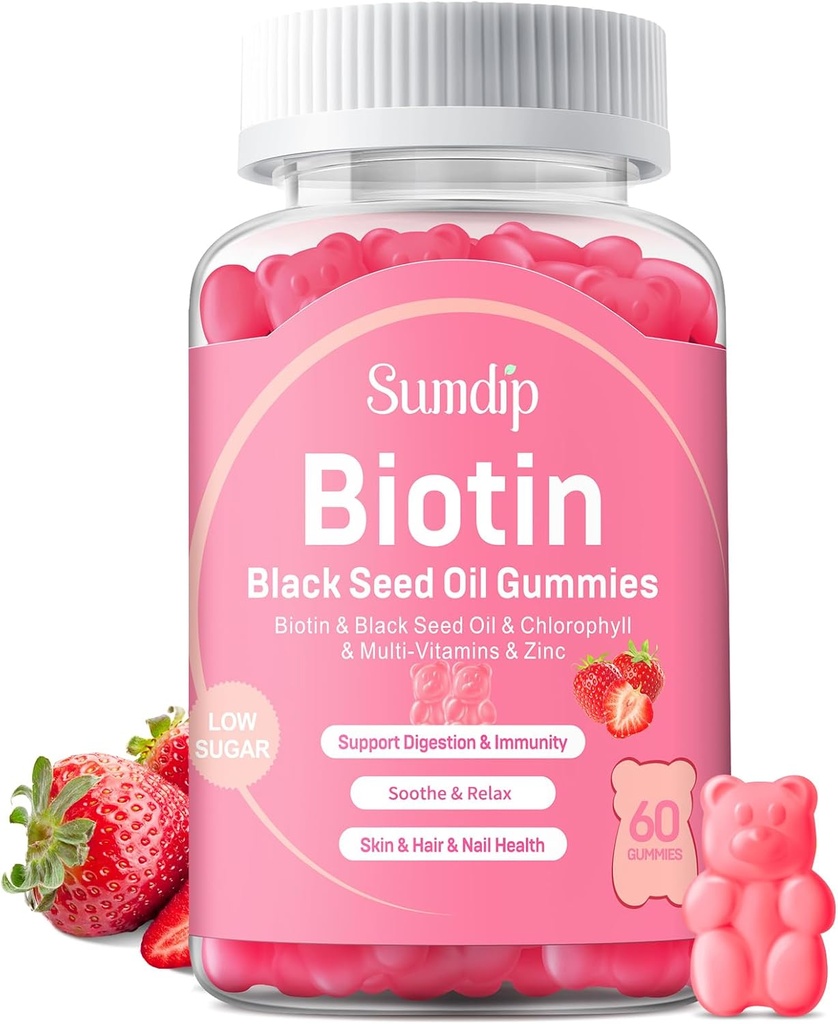 Schwarze Seed Ölgummis mit Biotin, Immununterstützung Gesunde Haar&Skin&Nails für Frauen und Männer, Chlorophyll, Zink, Vitamin A, B6, B12, C, D, E, Vegan Supplement - 60 Gummie