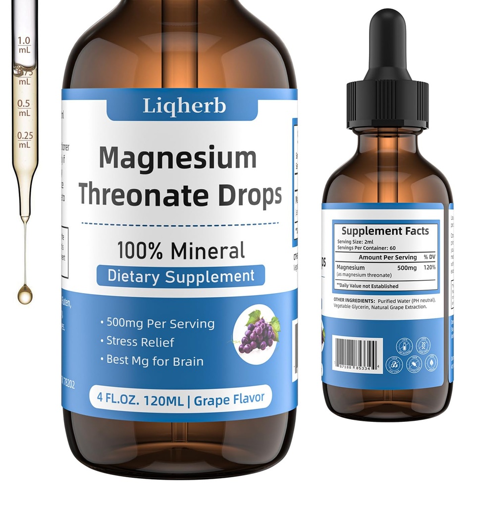 Magnesium Threonat Liquid 500mg, für Erwachsene & Kinder, pflanzliche Glycerinbasis mit besserer Auflösung, beste Mg für Gehirngesundheit, Stress & Muskelrelief, Nerve Gesundheit, Non-GMO, Gluten-Free, Vegan, 2 FL.OZ.