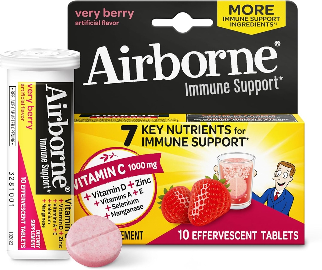Vitamin C 1000mg (pro Servieren) - Airborne Very Berry Effervescent Tablets (10 Count in a Box), Glutenfreie Immununterstützungsergänzung, mit Vitaminen A C E, ZINC, Selen, Echinacea & Ginger