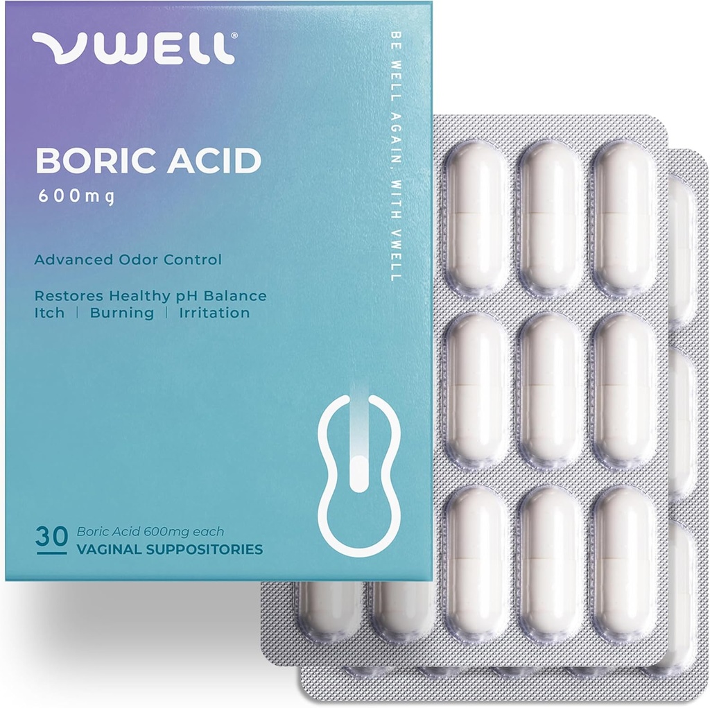 VWELL Borsäure Vaginal Suppositorien - Pfleget und Balancen Gesunde Vaginal pH & Microbiome zu verwalten Odor Itch Brennende Irritation Intimacy - Ärzte empfohlen (Eine Größe, 30, Graf)