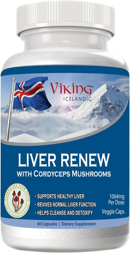 Viking Liver Renew Icelandic - Liver Health Support Formel - Umfassende Pilzmischung mit Cordyceps, Reishi, Shitake, Lions Mane, Maitake und Chaga Pilze - 60 Veg Kapseln