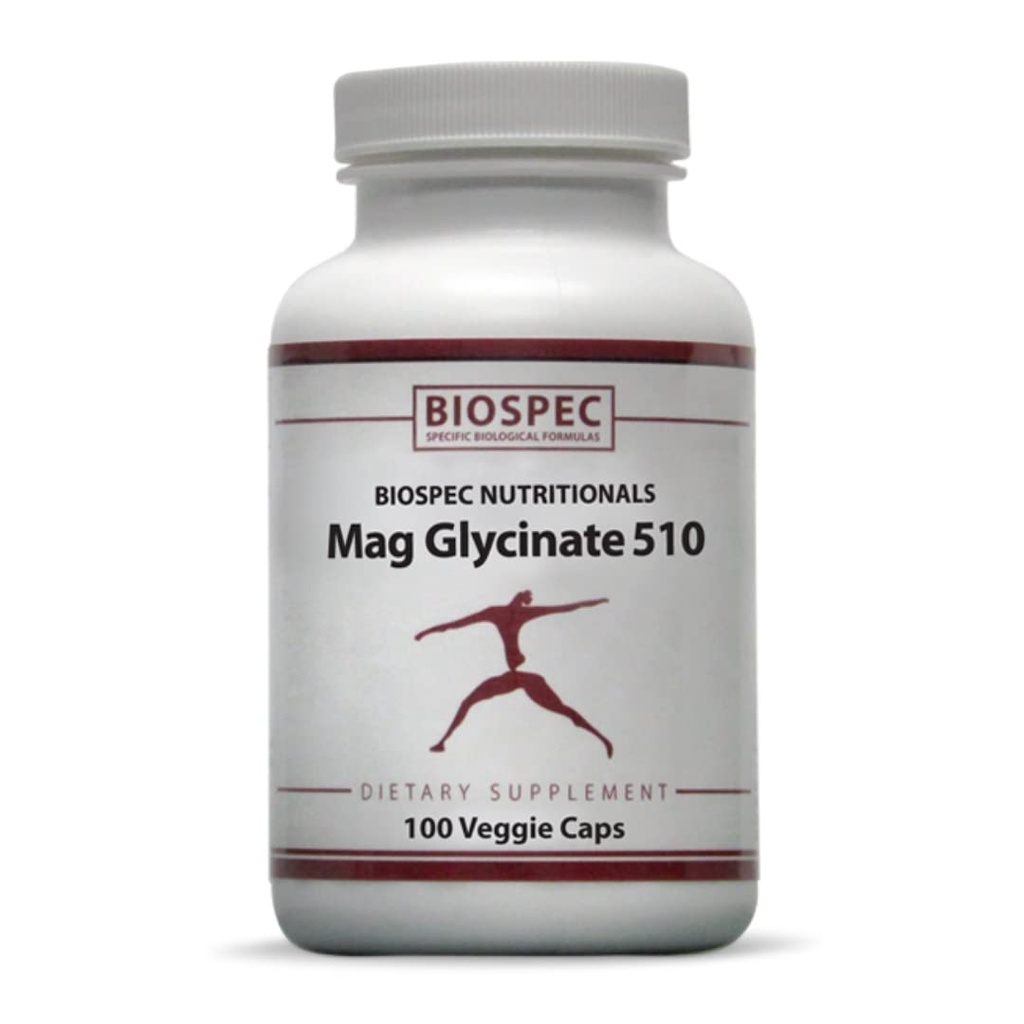 Biospec Nutritionals Mag Glycinate 510 – Magnesium Glycinate – Nahrungsergänzungsmittel für Stress, Herzgesundheit, Nerven, Muskeln, Energie und Stoffwechsel* - (100 Kapseln)