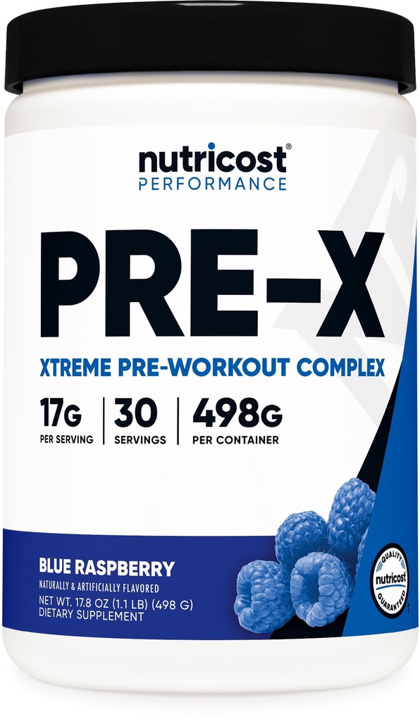 Nutricost Pre-X Xtreme Pre-Workout Powder Complex, Blue Raspberry, 30 Servietten, Vegetarisch, Non-GMO und Glutenfrei