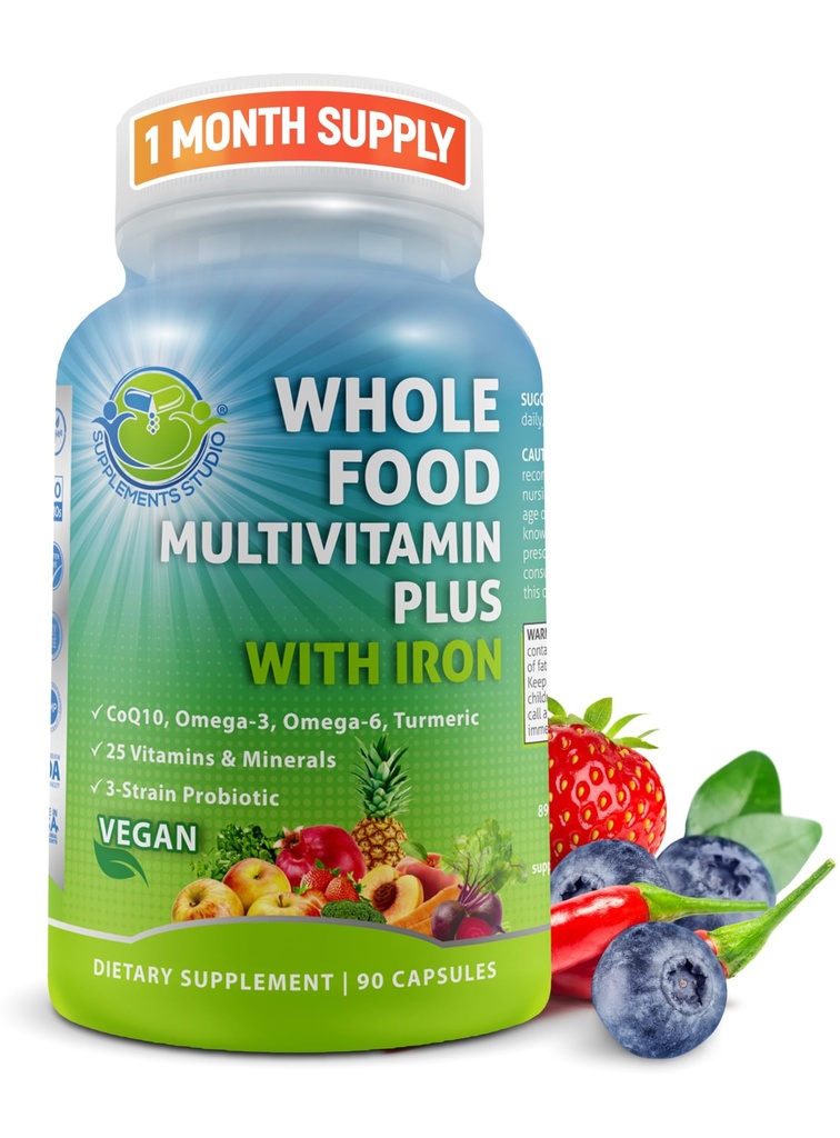 Vegan Ganzes Essen Täglich Multivitamin mit Eisen, Methyliertes Multivitamin für Frauen und Männer, hergestellt mit Früchten & Gemüse, B-Komplex, Probiotika, Enzyme, CoQ10, Omegas, Turmeric, Non-GMO, 90 Count