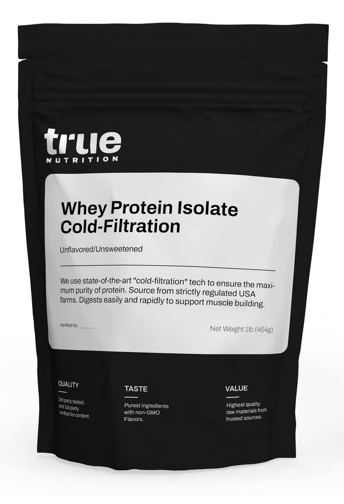 True Nutrition - Unflavored Whey Protein Isolate Cold-Filtration -100% Whey Protein Powder - 27g Protein per Serving - Mixes Easily and Tastes Great - Third Party Tested - Unflavored/Unsweetened - 1lb