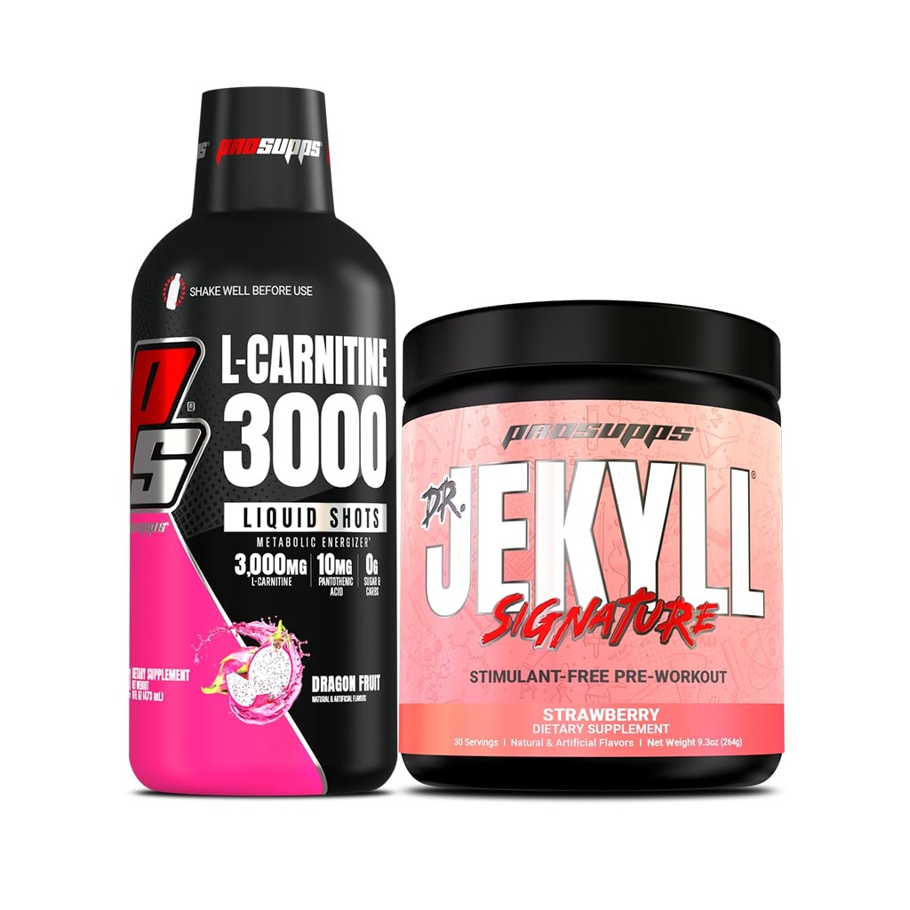 ProSupps L-Carnitine 3000 Liquid Shots & Mr. Hyde Pre-Workout Bundle | Stimulant Free Liquid Shots (31 servings, Dragon Fruit) & Signature Series Pre-Workout Energy Powdered Drink (Strawberry)