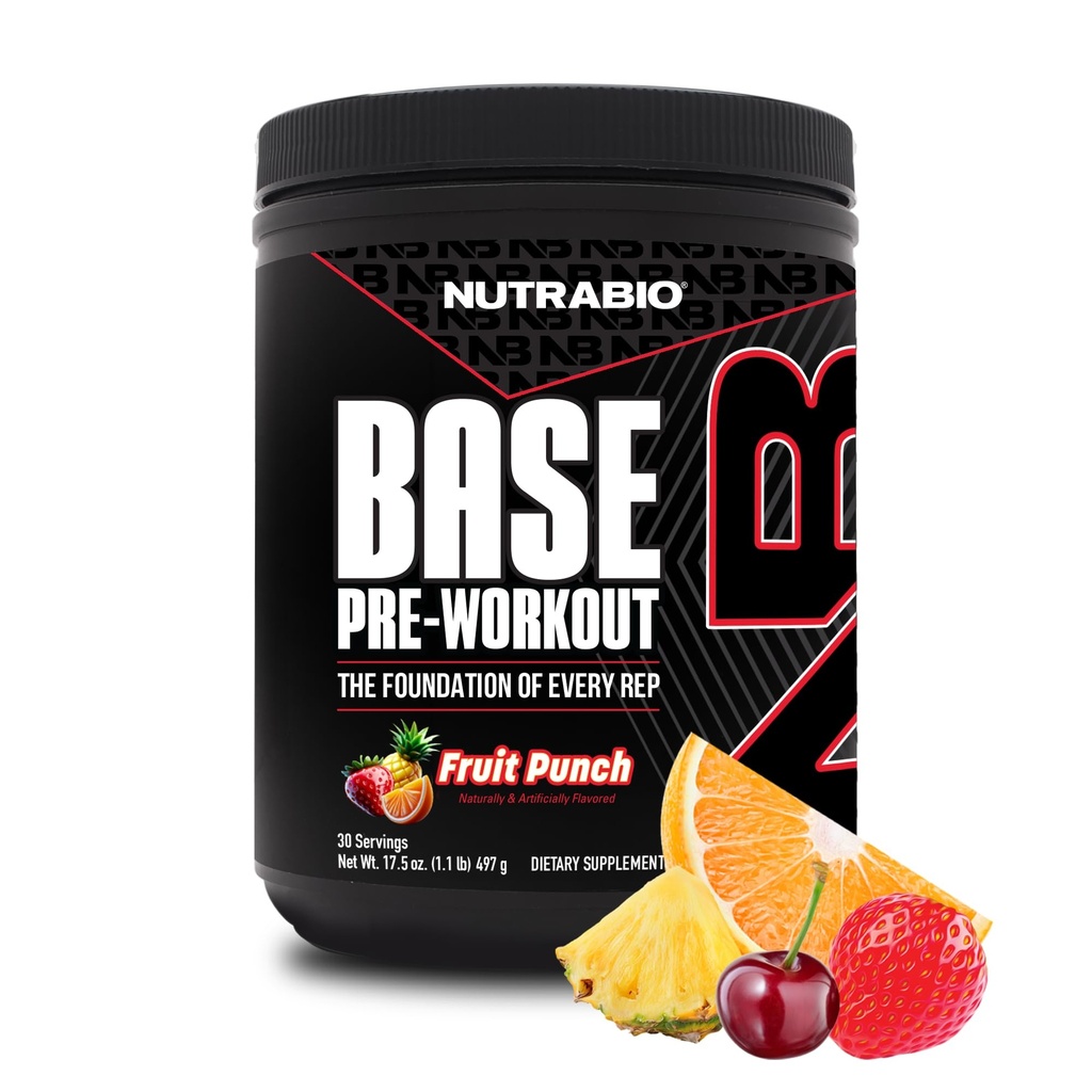NutraBio Base Pre-Workout Powder 200mg Caffiene, Sustained Energy, Focus, Endurance, Pump, Sugar Free, Clean Preworkout für Männer und Frauen - Beta Alanine, L-Tyrosine, 30 Servierungen - Fruit Punch