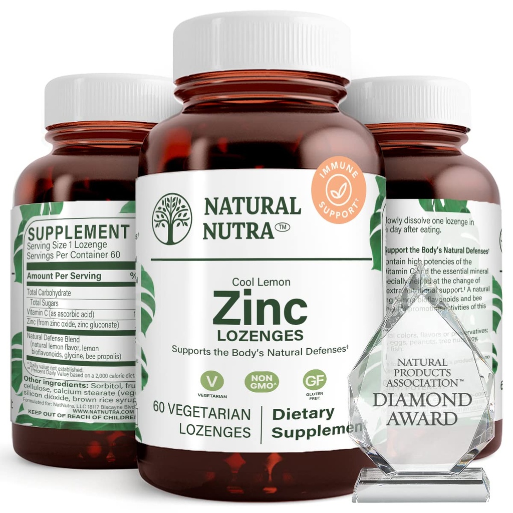 Natural Nutra Zinc Lozenges with Vitamin C, Lemon Flavor, Support Immune, Nervous System & Bone Strength, Fortified with Bioflavonoids and Bee Propolis, Sublingual Zinc Gluconate, 60 Vegetarian