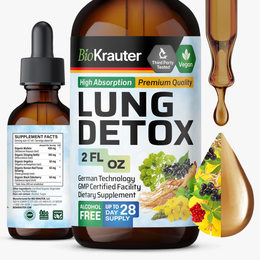 BIO KRAUTER Lung Detox Drops - Pure Vegan Lung Cleanse Liquid Form 2 Fl.Oz 28 Tage der Versorgung - Blend Mullein, Elderberry, Sting Nettle, Ginseng & Angelica Extracts - Respiratory Support