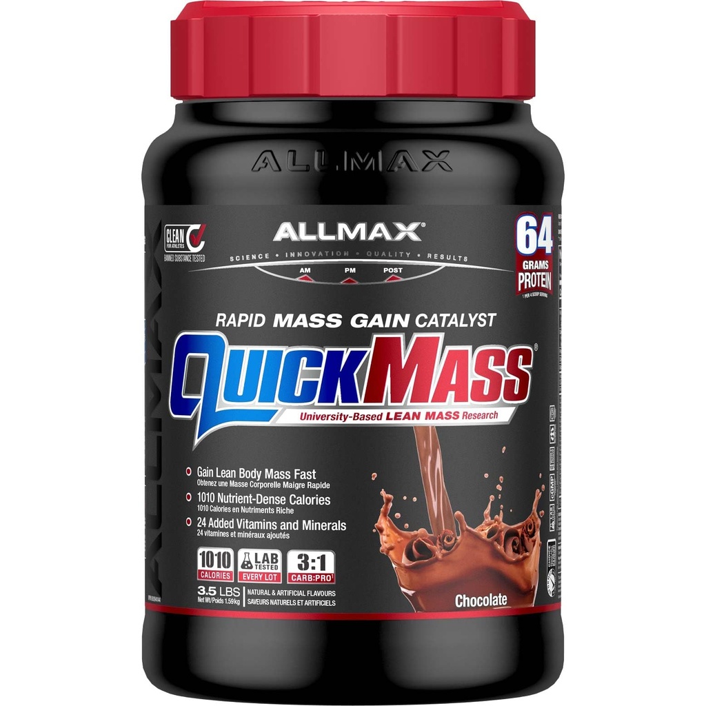 ALLMAX QUICKMASS, Schokolade - 3.5 lb - Rapid Maß Gain Catalyst - Bis zu 64 Gramm Protein pro Servierung - 3:1 Carb to Protein Ratio - Zero Trans Fat - Bis zu 24 Portionen