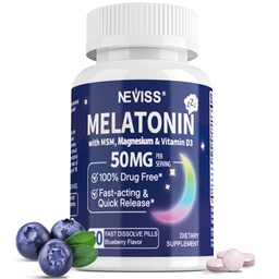 NEVISS Melatonin 50 mg für Erwachsene - Extra Strength 9-in-1 Fast Dissolve Sublingual - Hohe Dosis mit Magnesiumglycinat, Vitamin D3, Ashwagandha, Zitronenbalsam, Kamille, Zuckerfrei, Vegan,60 Tabletten