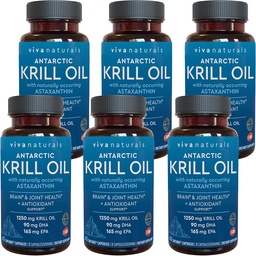 Viva Naturals Antarctic Krill Oil 1250 mg, Omega 3 EPA DHA und Astaxanthin, Joint Support und Brain Supplement mit Antioxidantien Eigenschaften, kein Fishy Nachgeschmack (Pack von 6)