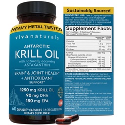 Viva Naturals Antarctic Krill Oil Omega 3 Supplements 1250 mg - DHA EPA Omega-3 & Astaxanthin Konzentration für die gemeinsame Gesundheit, No Fish Burp - 60 Krill Oil Kapseln