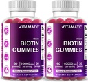 Vitamatic Biotin Gummies 10.000 mcg für härtere Haare, Haut und Nägel - 60 Vegan Gummis - Auch genannt Vitamin B7 (2 Flaschen)