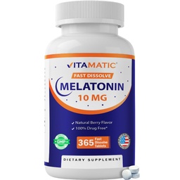 Vitamatic Melatonin 10 mg Fast Dissolve Tablets – Schnellauflösende Schlafunterstützung für Erwachsene – Vegetarisch, Non-GMO & Glutenfrei – Natürliche Berry Flavor – 365 Tablets