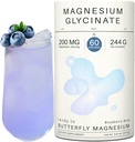Magnesium Glycinat Pulver 200mg | Hohe Absorption Chelat Bisglycinat mit Bio-Butterfly Pea Blume | Unterstützt Stress Relief, Calm & Schlaf | 8,6 Unze, 60 Servietten