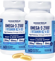 Oceanblue Professional Omega-3 2100 mit Vitamin K2 und Vitamin D3-60 Count 2 Pack- Dreifache Stärke Burpless Fish Oil Supplement mit EPA, DHA & DPA - Wild Caught - Orange Flavor, 60 Portionen