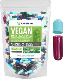 XPRS Nutra Größe 0 Leere Kapseln - 500 Graf Leere Vegan Kapseln - Vegetarische Pillen - DIY Gemüse Kapsel Füllung- Veggie Pillen Kapseln für Do-It-Yourself Ergänzungen (Multi Color)