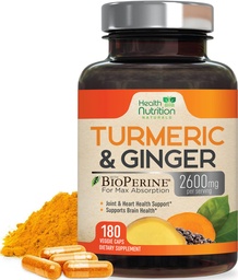 Kurkuma Ergänzung 2600mg - mit Bio Ginger & Turmeric, 95% Curcuminoide, BioPerine Black Pepper für beste Absorption, Nature's Vegan Joint Support, Non-GMO, Bottled in USA - 180 Kapseln