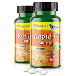 Amerika Medic & Science Rapid-C 500mg Vitamin C Supplement (2 Packung mit 100 Tabletten) Energie-Booster, Tägliche Immunsystem-Unterstützung, Antioxidans | Vegan, Non-GMO beschichtete Ascorbinsäure für Erwachsene Männer & Frauen