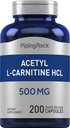 Piping Rock Acetyl L-Carnitin HCL | 500 mg | 200 Pulver Kapseln | Non-GMO, Glutenfreie Ergänzung