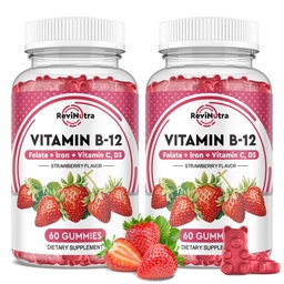 Vitamin B12 Complex Gummies - 5000 mcg Methylcobalamin mit Eisen, Vitamin C, D3 & Folate, Energieunterstützung & Stoffwechsel, Immune, B-12 Kaubare Ergänzung für Männer & Frauen, Erdbeeren Geschmack, 2 Packung
