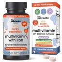 Picky Essentials Kinder Multivitamin mit Eisen + Zink | 20+ essentielle Nährstoffe | Alter 2+ | Natürlich Erdbeeren Flavored | Vitamine und Mineralien A, C, D3, Bs | Kein hinzugefügt Zucker | 60 Kautabletten