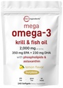 Mega Omega-3 Krill & Fish Oil 2.000mg Äquivalent, 240 Softgels | Lemon Flavored | Burpless | Essential Fatty Acids & Astaxanthin | EPA 350mg + DHA 230mg | Heart & Brain Supplement
