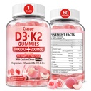 Vitamin D3 K2 Gummi 10000 IU mit 500mg Calcium Magnesium Zink Gummy Sugar Free ADK+Vitamin B12 Ergänzungen für Frauen und Männer Knochen, Muskeln, Zähne Pfirsich Flavor - 60 Gummi - 30 Servietten