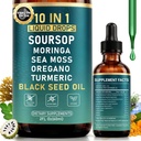 10-in-1 Soursop Bitters Flüssigkeitstropfen für Gutreiniger & Immun Boost & Detox mit Sea Moss, Moringa, Black Seed Oil, Turmeric, Ashwagandha, VC,VD - 2 Fl Oz - Non-GMO, Vegan