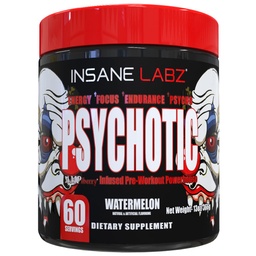 Insane Labz Psychotic, High Stimulant Pre Workout Powder, Extreme Lasting Energy, Focus and Endurance with Beta Alanine, Creatine Monohydrate, DMAE, 60 Srvgs, Watermelon