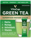 VitaCup Green Tea Instant Packets, Enhance Energy & Detox mit Matcha, Moringa, B Vitamine, D3, Fiber, Keto, Paleo, Vegan in Teepulver Single Serviersticks, 10 Ct