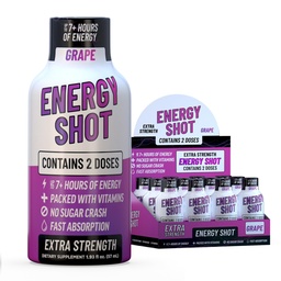Trauben extra Stärke Energy Shot 12 pk – 260mg natürliches Koffein B12 B6 – Energie & Fokus Unterstützung – 2 Portionen Zuckerfreier Null Kalorien Grüner Tee B-Vitamine Elektrolyte Vegan – 1,93 fl oz