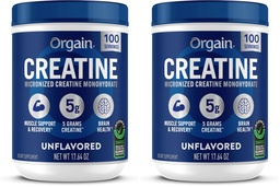 Orgain Creatine Monohydrate Mikronisiertes Pulver,100 Servierungen,Unflavored,Unterstützt Muskelwachstum,Post Workout Erholung und Gehirngesundheit,Keine künstlichen Additive,für Männer & Frauen,Vegan,(Pack von 2)