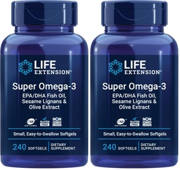 Life Extension Super Omega-3 EPA/DHA Fish Oil, Sesam Lignans & Olive Extract – Herz, Gehirn, Entzündungs-Gesundheitsunterstützung, Glutenfrei, einfach zu schlucken, Non-GMO, 240 Softgels (Pack von 2)