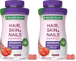 Nature's Bounty Optimal Solutions Advanced Hair, Skin and Nails Pectin Gummies, 2X Biotin Per Serving, No Stick Gummy, Vegetarian Formula, Strawberry Flavor, 200 ct, 100 Total Servings, (Pack of 2)