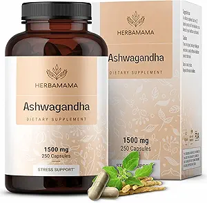 HERBAMAMA Ashwagandha Capsules - 1500mg Pure Ashwagandha Root for Relaxation & Mood Support - Vegan, Non-GMO Focus & Calming Supplement für Erwachsene, 250 Caps
