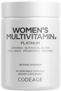 Codeage Women’s Multivitamin Platinum - Vitamins A D3 K1 K2 B12 & Minerals, CoQ10, Skin, Hair & Nails Complex, Collagen, Botanicals, Probiotics, Fermented Greens, Lutein, Astaxanthin - 90 Capsules