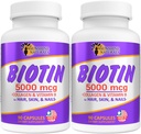Sunshine Naturals Biotin Nahrungsergänzung. für gesündere Haut, Thicker Hair, Nail Growth. Kollagen, Vitamin A, B für Haarausfall, Schönheit, Zellerneuerung, Kopfhautgesundheit. 5000 mcg. 90 Kapseln. Pack von 2