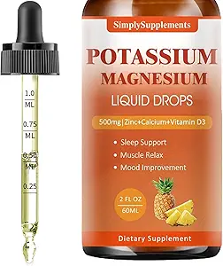 Kalium-Magnesium-Ergänzung - Kalium 99mg & 500mg Magnesium Glycinat Komplexe Flüssigkeitstropfen mit Calcium, Zink, Vitamin B6, D3 - Energie & Knochen & Muskelunterstützung - 2 Fl oz